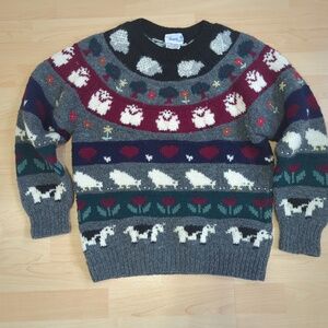 Vintage Deans of Scotland Shetland Wool Sweater Farm Animals Sheep Cows Hearts